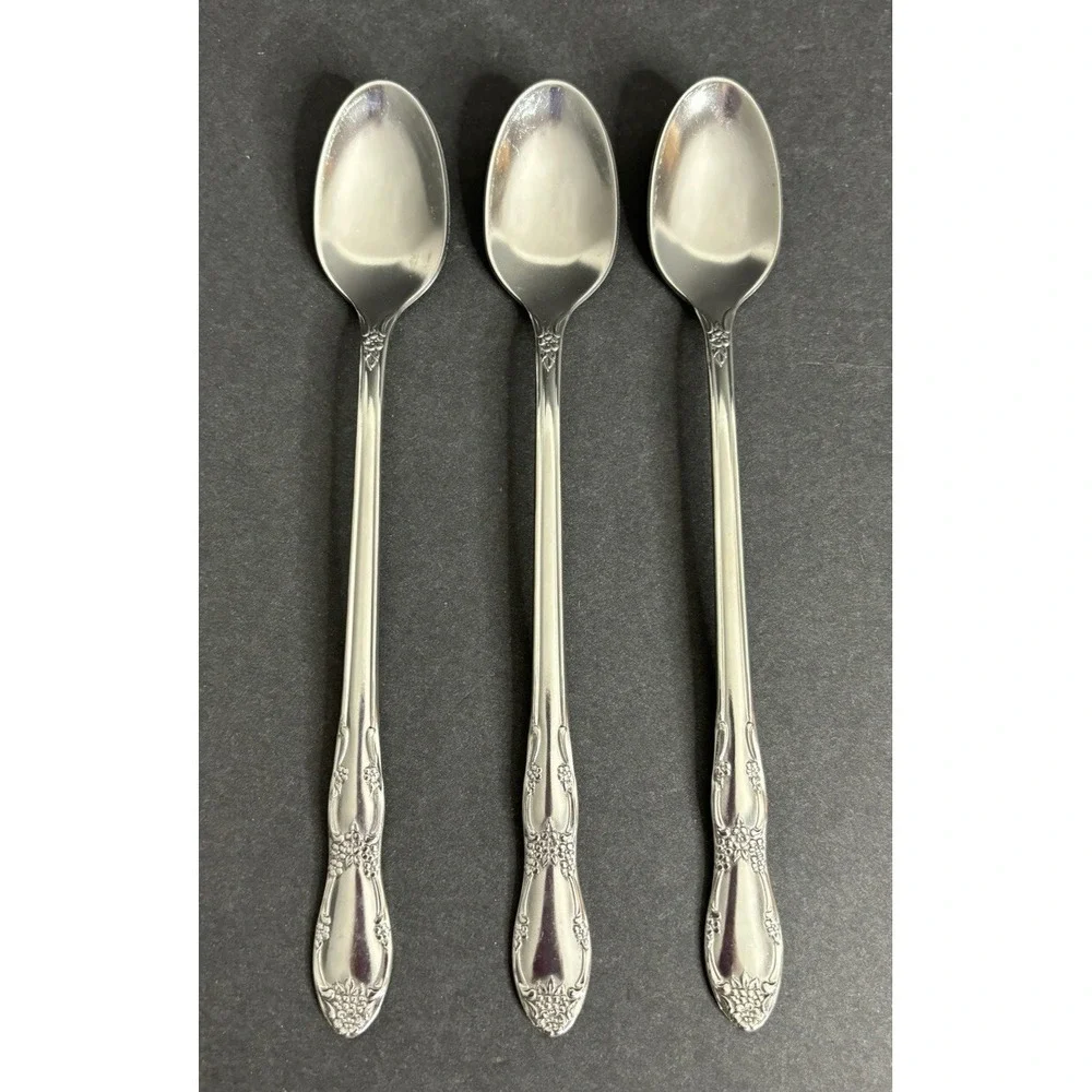 3 Oneida Fenway Iced Tea Spoons Stainless Flatware Floral 7 1/2